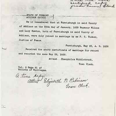 Marriage Certificate: Seymour Wilcox & Lucy Newton