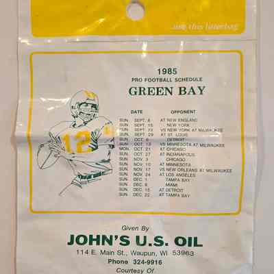 Bag, Plastic, John's US Oil, Gysbers Grocery, 1985 Packers Schedule