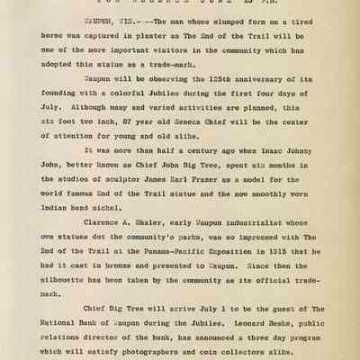 Waupun's 125th Jubilee, News Release, Guest, Chief John Big Tree, 1964
