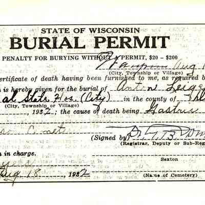 State of Wisconsin Burial Permit: Anton Leigeb