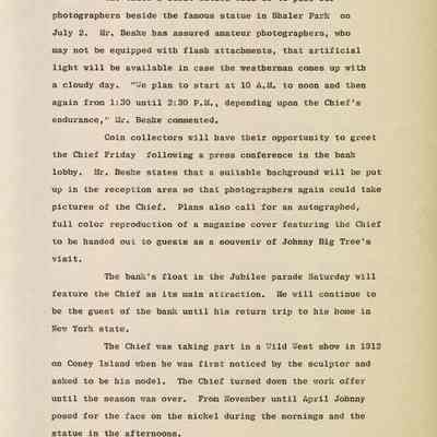 Waupun's 125th Jubilee, News Release, Guest, Chief John Big Tree, 1964