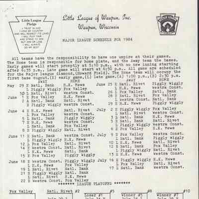 Insert, Major League Schedule for 1984