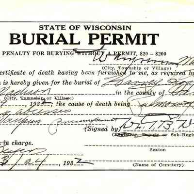State of Wisconsin Burial Permit: Harvey Cooper