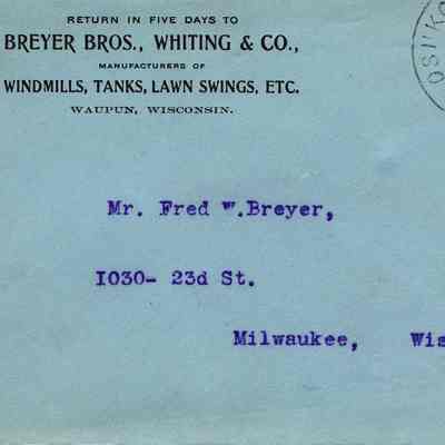 Two envelopes for letters sent by Breyer Bros., Whiting & Co.