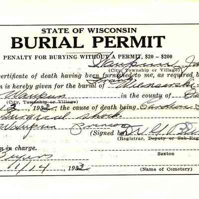 State of Wisconsin Burial Permit: Frank Wienserski