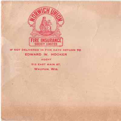 Envelope, Norwich Unions Fire Insurance, Edward Hooker, Agent