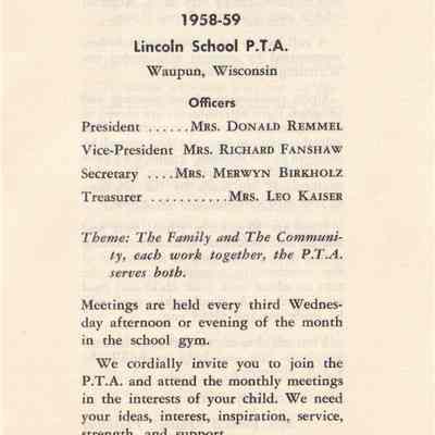Waupun Lincoln School 1958-1959 P,T,A: Origformat: Other