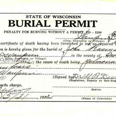 State of Wisconsin Burial Permit: John Racinski