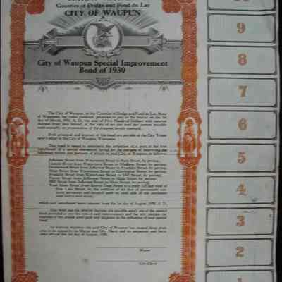 Bond, Special Improvements, 1930, City of Waupun