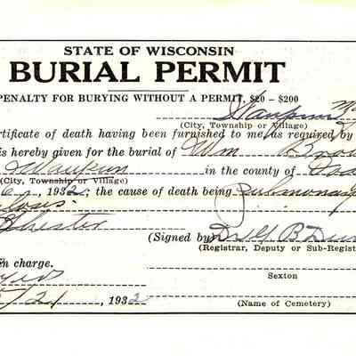 State of Wisconsin Burial Permit: Wm Brown