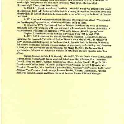 History of The National Bank of Waupun.