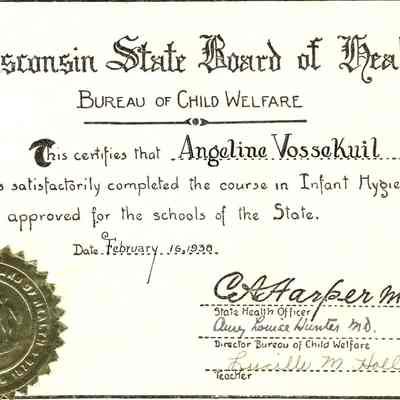 Certificate, Wisconsin State Board of Health, Angeline Vossekuil