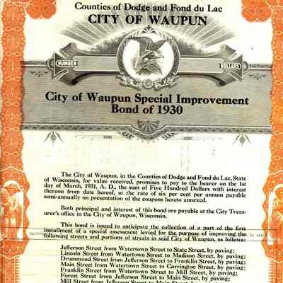 City of Waupun $500 Bond.