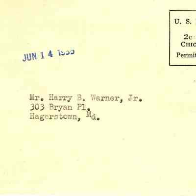 Postcard sent by Shaler to Mr. Harry Wagner.