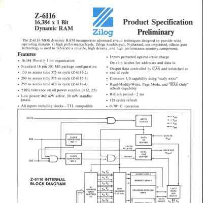 Z-6116 16,384 x 1 Bit Dynamic RAM : Product Specification