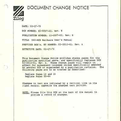 Document Change Notice : Z80-MCB Hardware User's Manual