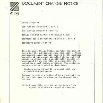 Document Change Notice : Z80 MCB Hardware Reference Manual