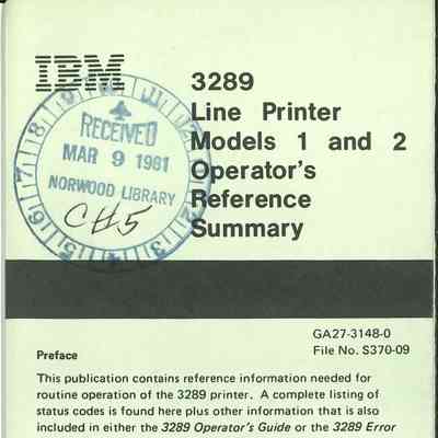 3289 Line Printer Models 1 and 2 : Operator's Reference Summary