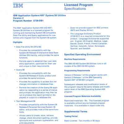 IBM Application System/400 System/38 Utilities Version 2