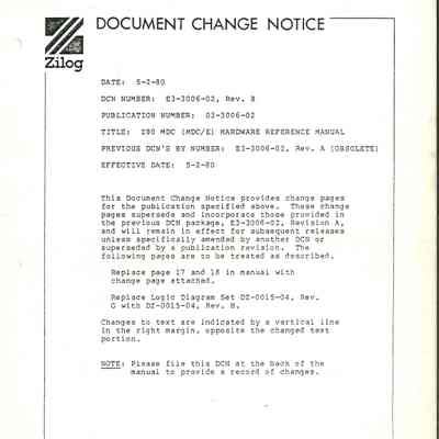 Document Change Notice : Z80 MDC (MDC/E) Hardware Reference Manual