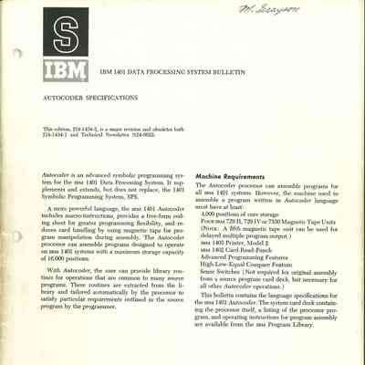 IBM 1401 Data Processing System Bulletin