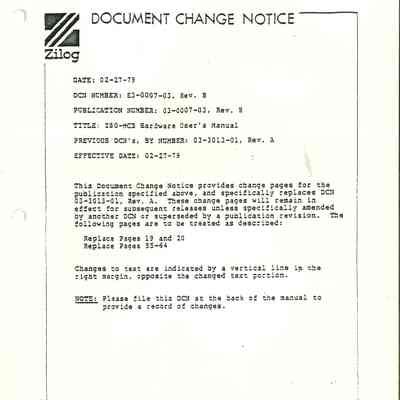 Document Change Notice : Z80-MCB Hardware User's Manual