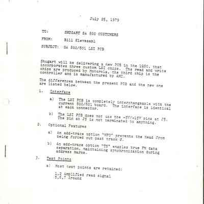 Letter to Shugart SA 800 Customers