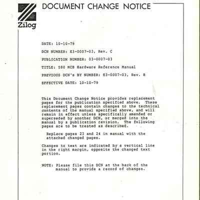 Document Change Notice : Z80 MCB Hardware Reference Manual