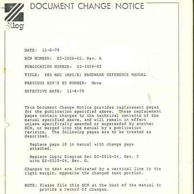 Document Change Notice : Z80 MDC (MDC/E) : Hardware Reference Manual
