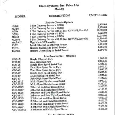 Cisco Systems, Inc. Price List : Mar-92