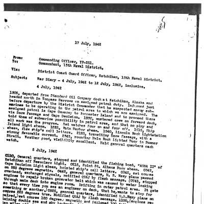 USCGC McLane copy of War Diary 4 July 1942 - 12 July 1942