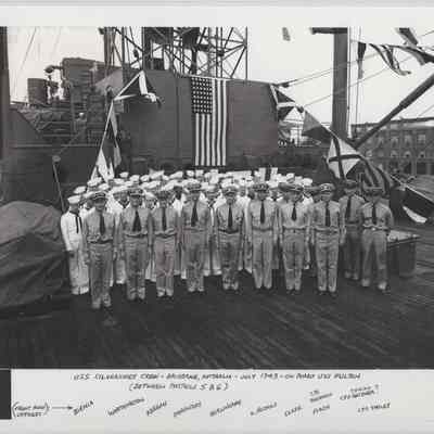 USS Silversides' crew moored alongside USS Fulton (AS11)