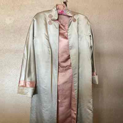 Heavy silk jacquard dress, reversible coat with frog closure