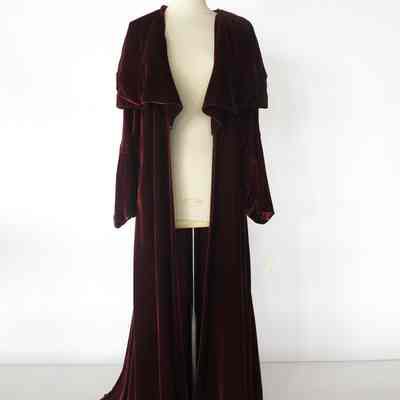 Velvet open front evening coat with shawl collar and gathered sleeve detail