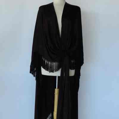Black Charmeuse Tie Front Shawl Cape with Black Trim