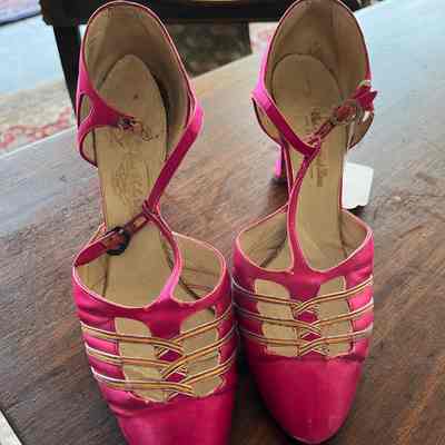 Satin T-Strap Heel with Cutouts at Toe: Shocking Pink