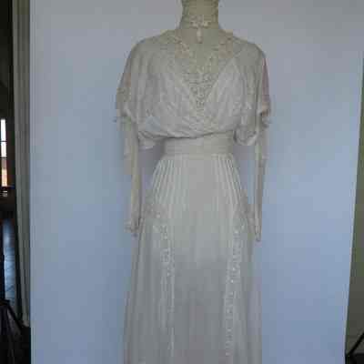 High neck lace front and embroidered long sleeve cotton dress