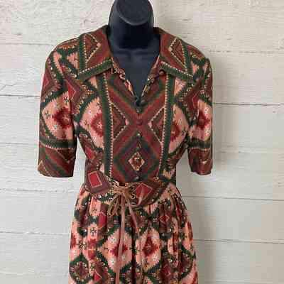 Tricot knit printed shirtwaist dress with self belt