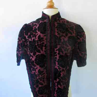 Burnout velvet capelet with chenille trim and mandarin collar