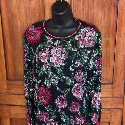Long sleeve, knee length chiffon evening dress with sequin and beaded flowers on tunic top