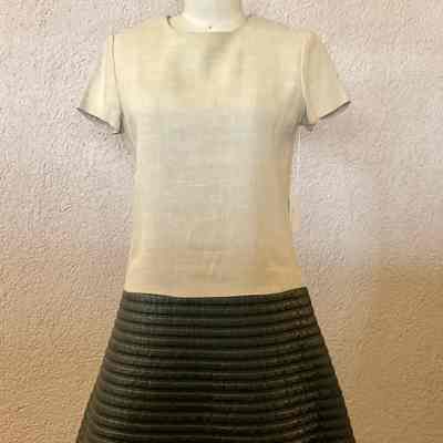 Short sleeve A-line dress with linen bodice and faux leather quilted skirt