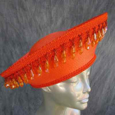 Orange sraw hat with orange teardrop crystals on rim