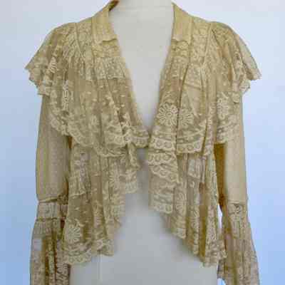 Ruffled collar open front lace and swiss dot jacket