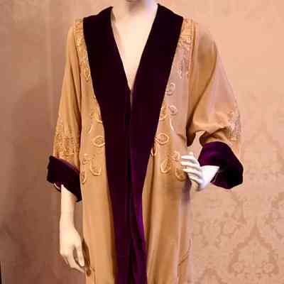 Gold silk cocoon coat with purple velvet collar and cuffs