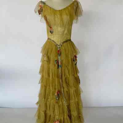 Long dotted swiss netting dress with neck flounce, multi-tiered full skirt and velvet leaves scattered throughout