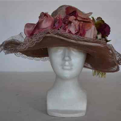 Lace wide brim hat with faux flowers