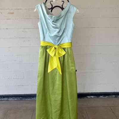Long Evening Dress. Sleeveelss, Cowl neckline, Aqua & Green, with Chartruse belt sewn to dress
