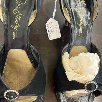 Black Suede Slingback Pumps (exposed toes) w Rhinestone Oval Embellishment
