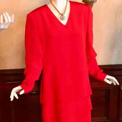 Tiered long padded sleeve shift with decorative self buttons down front