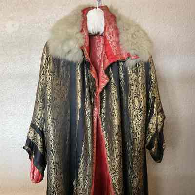 Reversible brocade open front evening coat with fur collar